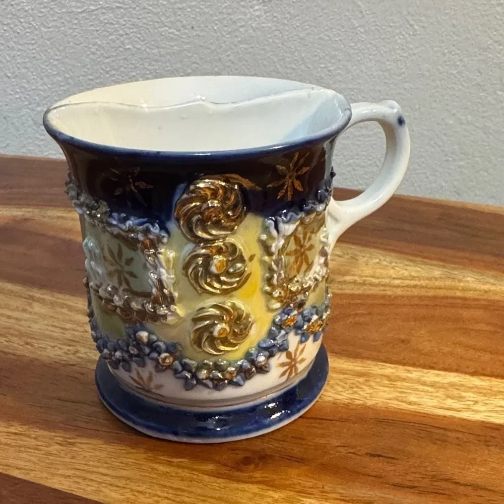 ANTIQUE GERMAN PORCELAIN SHAVING MUG | RAISED GOLD COBALT BLUE ACCENTS DECOR
